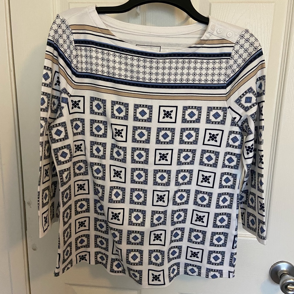 Top, 3/4 sleeve, 100% cotton, white and blue